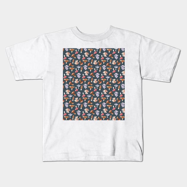 Mushroom Hunter Blue All Over Pattern Kids T-Shirt by grumblebeedesign